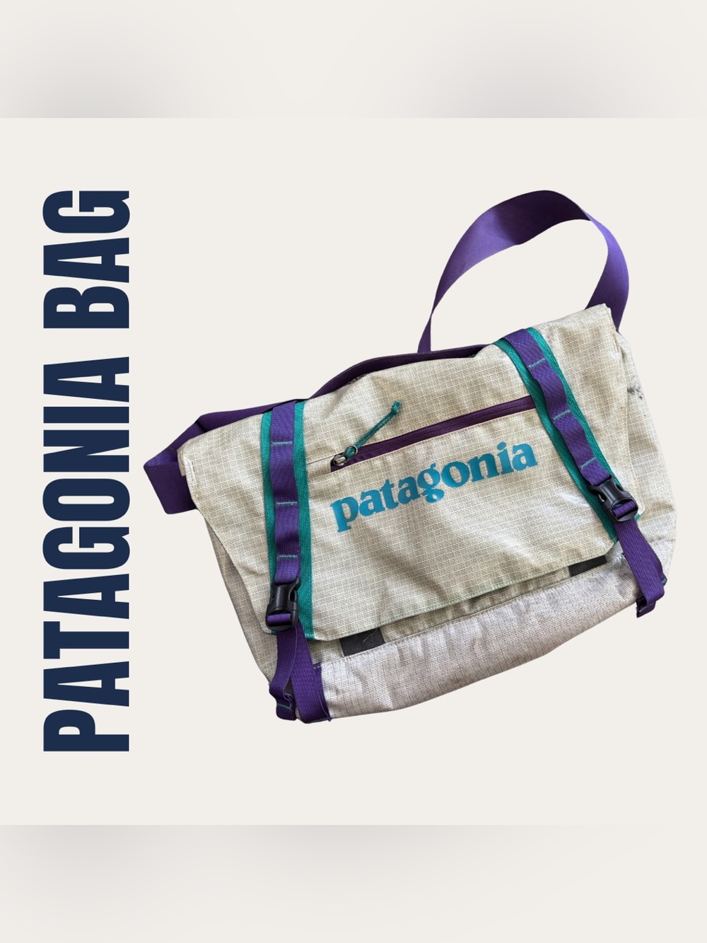 Patagonia White Messenger Bag with Teal Logo and Purple Straps